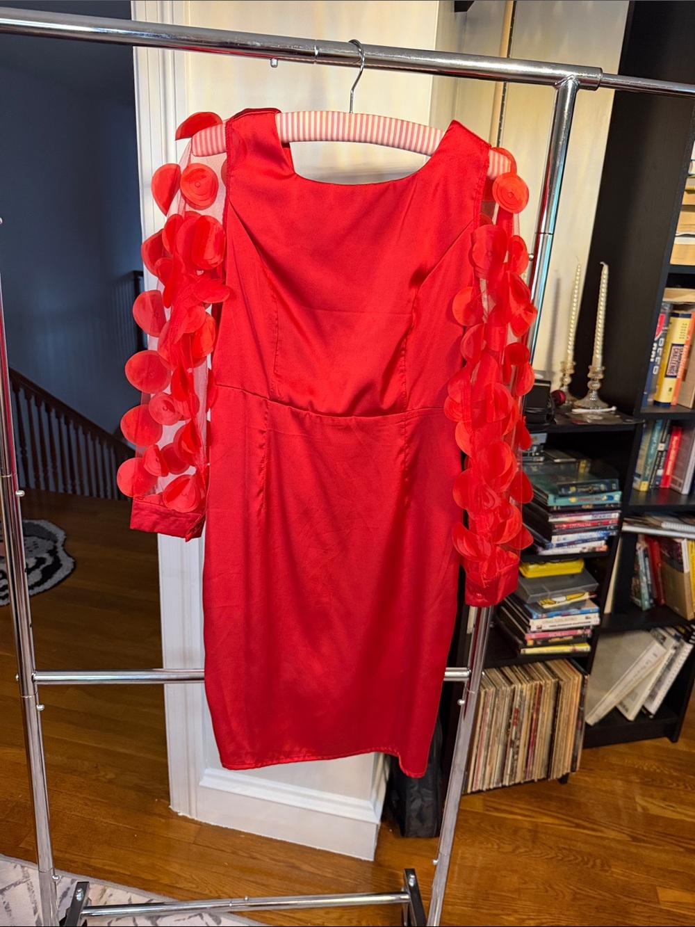 Red Long-Sleeve Embellished Cocktail Dress